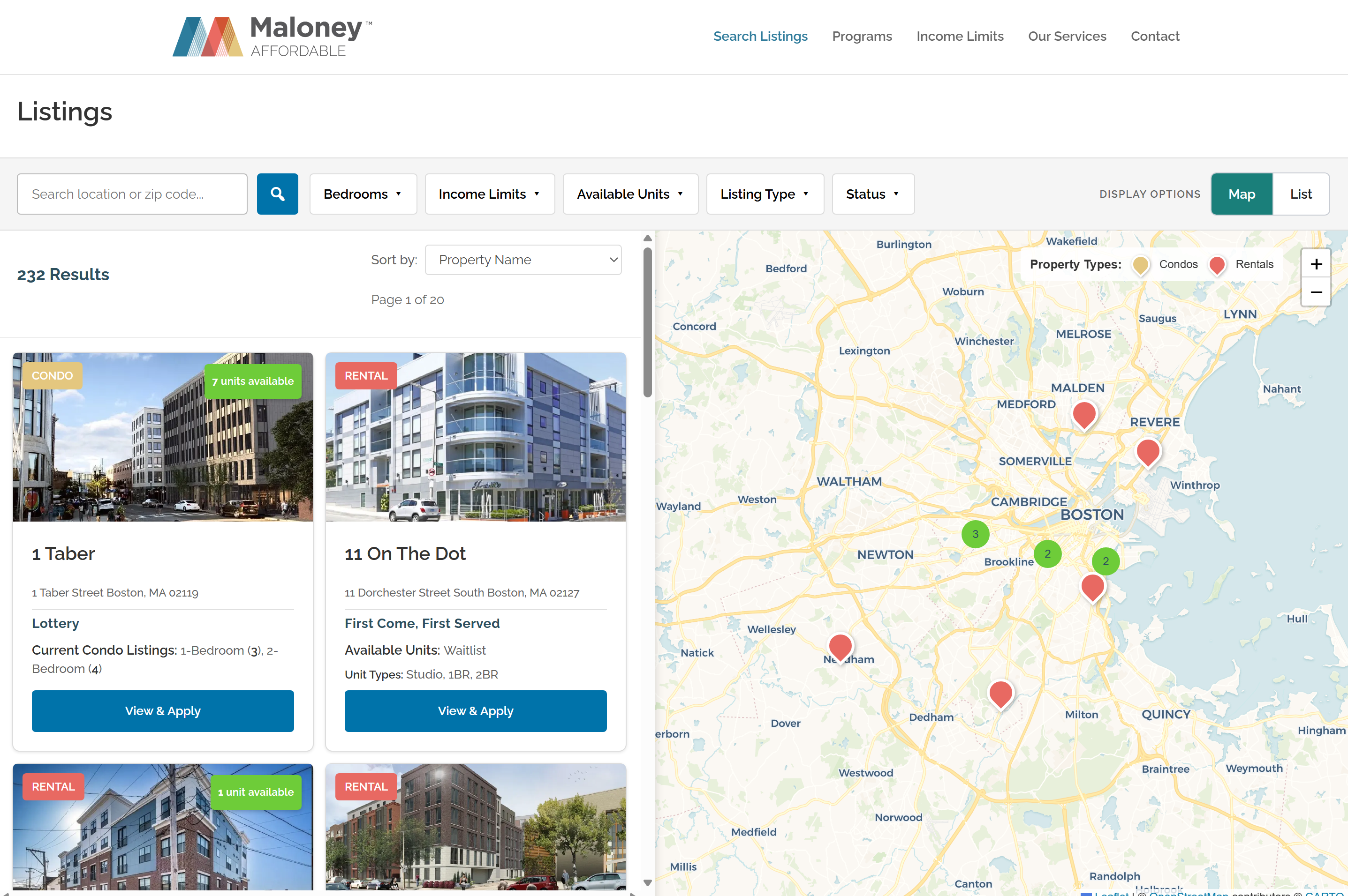 screenshot showing the map listing feature on the website