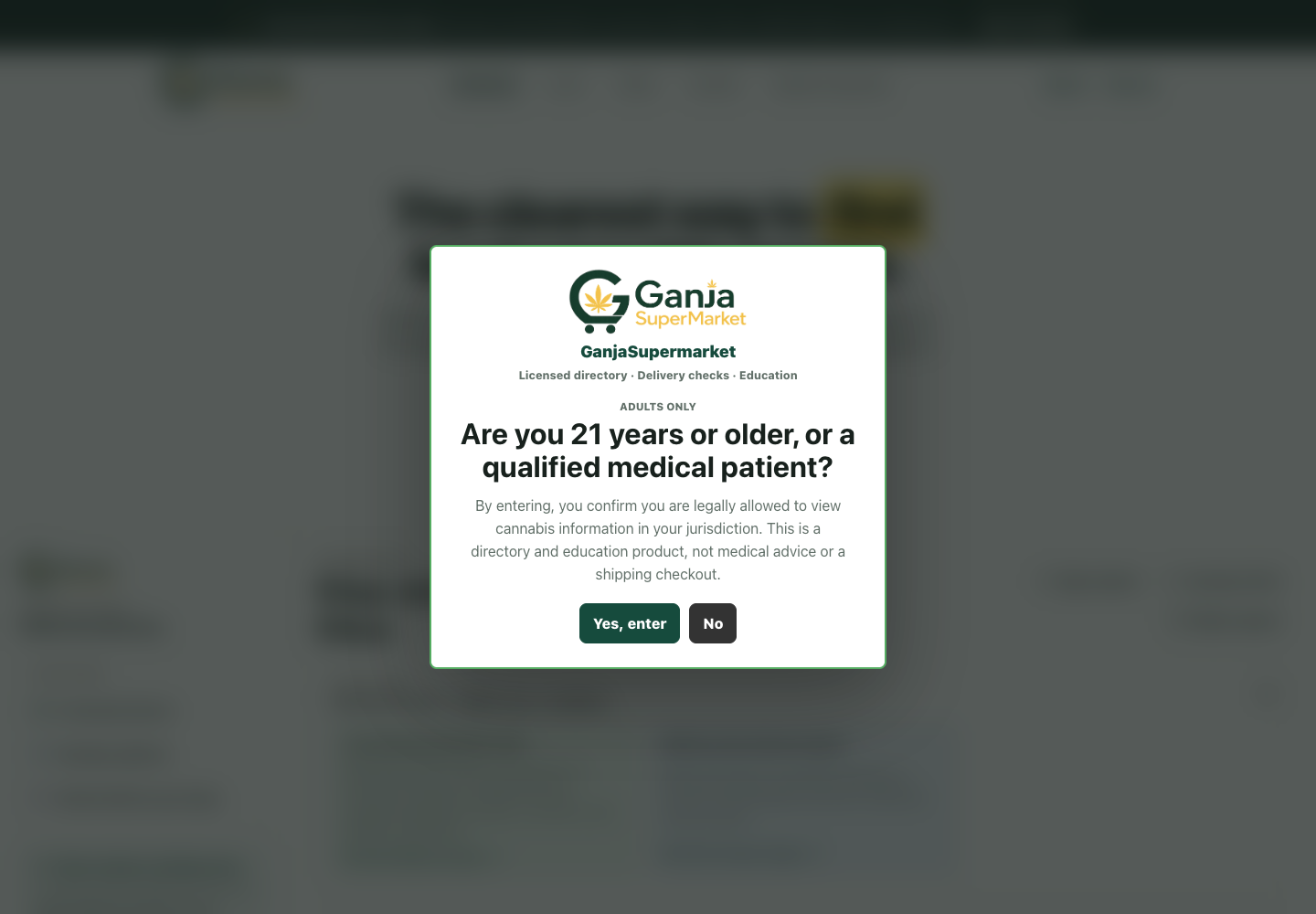 GanjaSupermarket age-gated licensed cannabis directory homepage