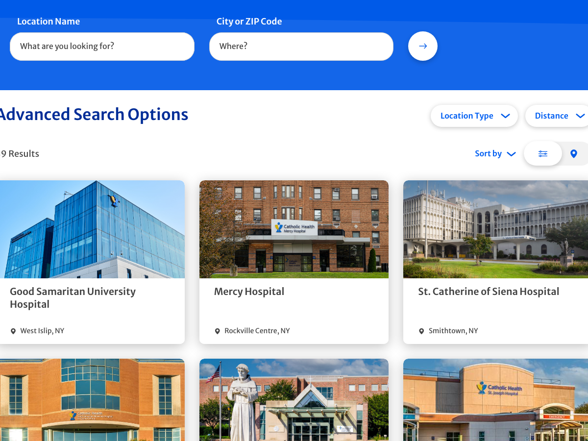 Catholic Health location search and filtering experience