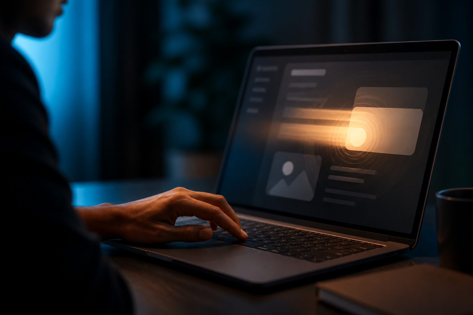 Hands tapping a laptop trackpad while a soft amber delay cue appears on an unlabeled interface, suggesting real-user interaction lag beyond lab scores.