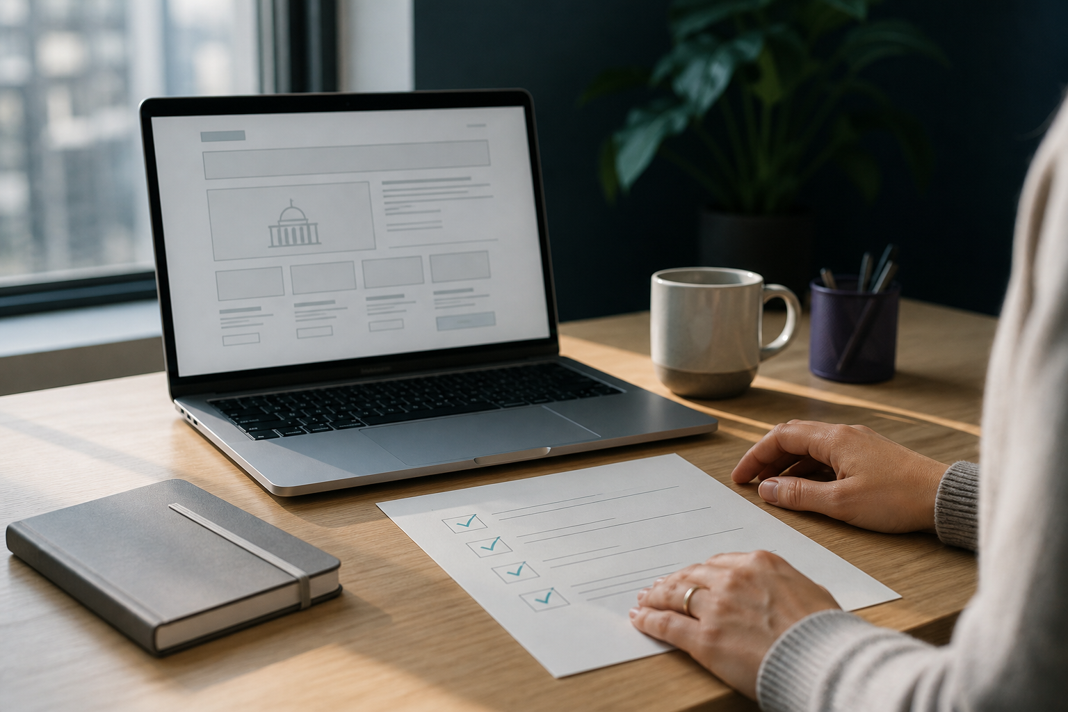 A calm desk scene with a laptop showing a simple webpage wireframe and a printed checklist with cyan checkmarks, suggesting steady accessibility planning rather than urgency.