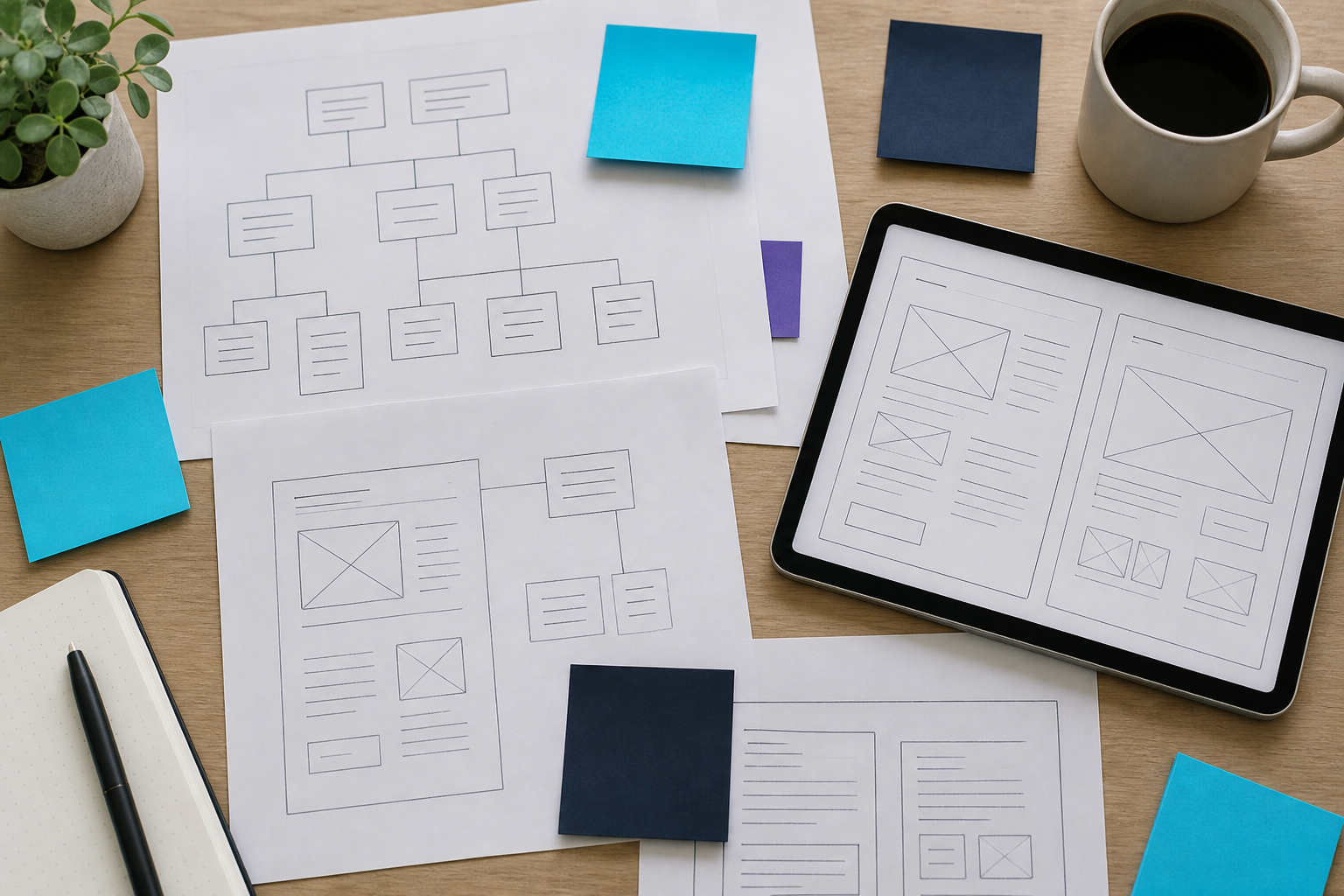 Overhead desk with unlabeled site-map sketches, a tablet wireframe, and blank cyan and navy sticky notes, suggesting a calm accessibility inventory.