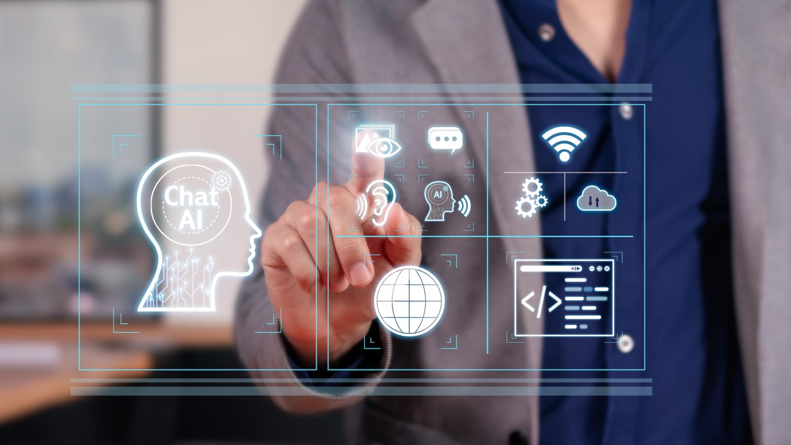 Multimodal Interaction with AI: Businessman Engaging with AI Chat that Sees, Hears, and Speaks.