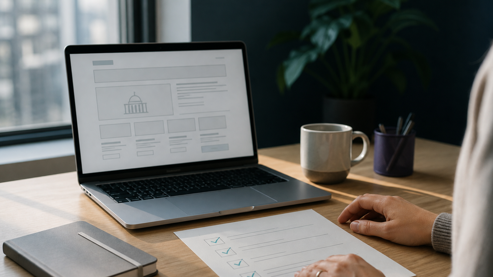 A calm desk scene with a laptop showing a simple webpage wireframe and a printed checklist with cyan checkmarks, suggesting steady accessibility planning rather than urgency.